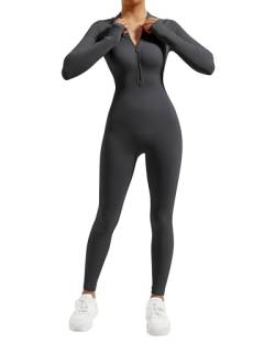 DOULAFASS Reißverschluss Full Body Jumpsuit Damen Langarm Yoga Einteiler Sport Romper Gerippte All In One Bodycon Jumpsuit von DOULAFASS