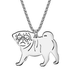 DOWAY Cute Edelstahl Hund Rasse Halskette Anhänger Mode Welpe Hund Schmuck Geschenke für Damen Mädchen Hund Mom Memorial Keepsake Charms (Mops Silber) von DOWAY