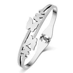 DOWAY Edelstahl Gold Silber Plattiert Armreif Armband für Damen Mädchen einfache Stil Liebe Schmuck Geburtstag Geschenke (Schmetterling-Silber) von DOWAY