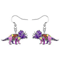 DOWAY Emaille Dinosaurier Ohrringe Tyrannosaurus Rex Dangle Triceratops Schmuck für Frauen Mädchen Dino Geschenke (Lila Triceratops) von DOWAY