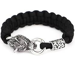 DPGOLDP Fenrir Wolfskopf Armband Herren 316L Edelstahlkette Runenperle Mit Nordischem Muster Wikinger Handgewebter Paracord-Schmuck Mit Geschenkbox,Silber,21cm von DPGOLDP