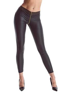 DQ Schwarze Damen Hose Wetlook Legging Pants in schwarz mit Reißverschluss vorne und hinten zu öffnen M von DQ