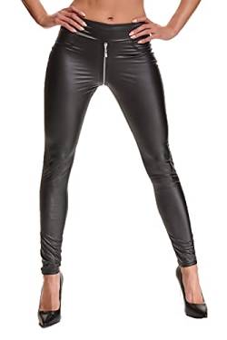DQ Schwarze Damen Leggings Hose aus Wetlook Material elastisch mit durchgehendem Reißverschluss und Gesäßtaschen XXL von DQ