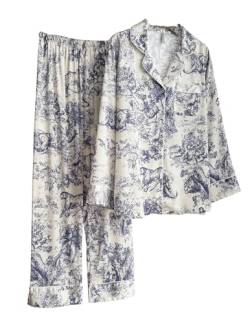 DQSSYTTX Pyjama Set für Frauen Floral Print Seide Lange Hosen Langarm Nachtwäsche V-Ausschnitt Knopf Nachtwäsche von DQSSYTTX