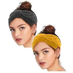 2 Stück Winter Stirnband Damen Gestrickt Warmes Stirnbänder Ohrenwärmer Kopfband Haarband Verdicken für Frauen Mädchen, Elastische Häkelarbeit Thermo Stirnband von DRALOFAO