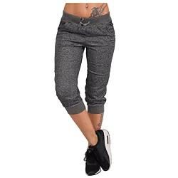 DRALOFAO 3/4 Hosen Damen Sommer Stretch Caprihosen Sweathose Leicht Sommerhose, Jogginghose Damen Yoga Hose Mit Taschen Kordelzug Sporthose Frauen Sweatpants Elastischer Bund Freizeithose von DRALOFAO