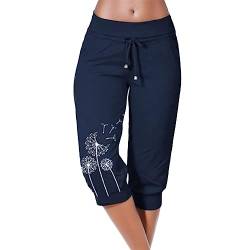 DRALOFAO 3/4 Hosen Damen Sommer Stretch Caprihosen Sweathose Leicht Sommerhose, Jogginghose Damen Yoga Hose Mit Taschen Kordelzug Sporthose Frauen Sweatpants Elastischer Bund Freizeithose von DRALOFAO