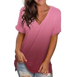 Lange Bluse Damen Tshirt Farbverlauf V-Ausschnitt Oberteile Kurzarm Einfarbig Longbluse Tunika Tops Locker Longtops T-Shirt Pullover Ärmellos Tanktop Teenager Shirt Blusen Longshirt Oversize von DRALOFAO