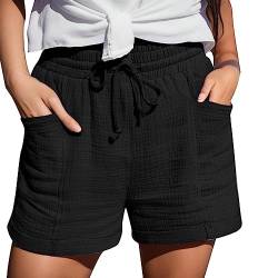 Shorts Damen - Sommer Leinen Musselin Kurze Hose Damen, Beach Shorts Mit Taschen Mode Lässige Stoffhose Freizeit Shorts Elastische Taille Stretch Gerades Bein Sport Shorts mit Kordelzug Leinenhose von DRALOFAO