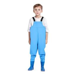 Wathose für Jungen und Mädchen - Wathose für Kinder, Wasserdichte Regenhose mit Stiefeln,Junior Hosenträger Matschhose Regenstiefel,Rutschfeste Sohle Gummistiefel für Jugendliche für 2-15 Jahre von DRALOFAO