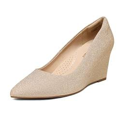 DREAM PAIRS Damen Pumps einfarbig Keilabsatz Schuhe mit Plateau Chunkyrayan und spitzer Zehenpartie, Frauen Wedgeabsatz Pumps Gold SDPU2202W-E Größe 41 (EUR) von DREAM PAIRS