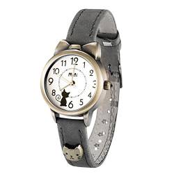 DREAMING Q&P Damen Analog Quarz Uhr mit Grau Echtleder Armband Katze Design MW234B von DREAMING Q&P