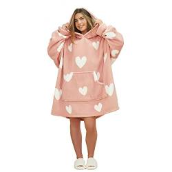 DREAMSCENE Herz-Druck, Gemustert, Hoodie-Decke, übergroß, riesig, Hoodie-Decke, Sherpa-Fleece, warm, für Herren und Damen, tragbar, Einheitsgröße, Rosa von DREAMSCENE