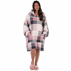 DREAMSCENE Sherpa-Fleece-Karo-Hoodie-Decke, Sweatshirt, Schottenkaro, Winter, tragbar, weich, warm, gemütlich, Plüsch, übergroße Thermo-Überwurfdecke, Einheitsgröße – Rosa von DREAMSCENE