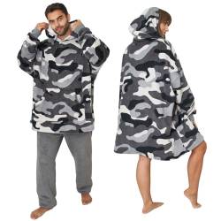 Dreamscene Camo Oversized Hoodie Blanket Soft Plush Sherpa Fleece Wearable Warm Throw Cosy Giant Men Jacket - Charcoal Grey White von DREAMSCENE