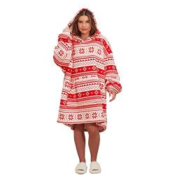 Dreamscene Nordic Hoodie Decke, Sweatshirt, weiches Sherpa-Fleece, Überwurf, gemütlich, tragbar, Kapuzendecke, großer Pullover – Rot und Weiß, Einheitsgröße von DREAMSCENE