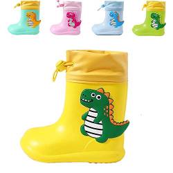 DRECAGE Kinder Gummistiefel Dinosaurier Regenschuhe, rutschfest und Federleicht, für Jungen und Mädchen Gelb 22/23 EU Herstellergr. 150 von DRECAGE