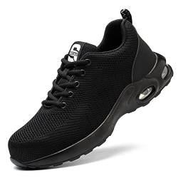 DRECAGE Sicherheitsschuhe Herren Leicht Arbeitsschuhe Damen Sportliche Atmungsaktive Stahlkappenschuhe rutschfest Luftkissen Schutzschuhe 9192 Schwarz 38 EU A von DRECAGE