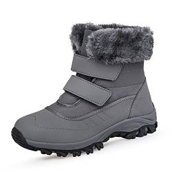 DRECAGE Winterstiefel Wasserdicht Damen Gefüttert Stiefel mit Klettverschluss Boots Schneestiefel Warm rutschfest Grau 36 EU von DRECAGE