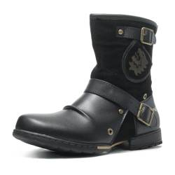 DREMDO 1 Paar Reitstiefel Steampunk Retro PU Leder Ritterstiefel Mit Reißverschluss, Herbst Winter Outdoor Mode Stiefelette Schuhe Für Männer,Schwarz,42 von DREMDO