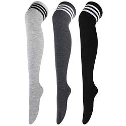 DRESHOW 3 Paar Damen Überknie Kniestrümpfe Overknee Strümpfe Lange Gestreifte Socken Schüler Knitting Sportsocken von DRESHOW