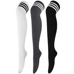 DRESHOW 3 Paar Damen Überknie Kniestrümpfe Overknee Strümpfe Lange Gestreifte Socken Schüler Knitting Sportsocken von DRESHOW