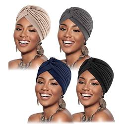 DRESHOW 4 Stücke Afrikanischen Turban für Damen Soft Vorgebunden Knot Mode Plissee Turban Hut Mütze Kopfwickel Schlafmütze von DRESHOW