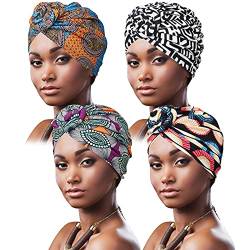 DRESHOW 4 Stücke Afrikanischen Turban für Damen Soft Vorgebunden Knot Mode Plissee Turban Hut Mütze Kopfwickel Schlafmütze von DRESHOW
