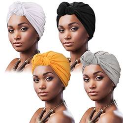 DRESHOW 4 Stücke Afrikanischen Turban für Damen Soft Vorgebunden Knot Mode Plissee Turban Hut Mütze Kopfwickel Schlafmütze von DRESHOW