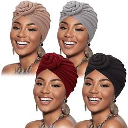 DRESHOW 4 Stücke Afrikanischen Turban für Damen Soft Vorgebunden Knot Mode Plissee Turban Hut Mütze Kopfwickel Schlafmütze von DRESHOW