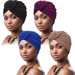 DRESHOW 4 Stücke Afrikanischen Turban für Damen Soft Vorgebunden Knot Mode Plissee Turban Hut Mütze Kopfwickel Schlafmütze von DRESHOW