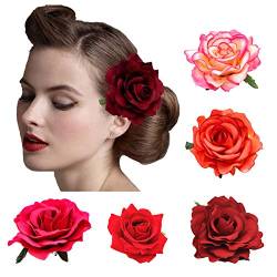 DRESHOW 5 Pack Blumen Brosche Kopf Ornament Braut Frauen Rose Blume Haar Zubehör Hochzeit Haar Clip Flamenco Tänzer von DRESHOW