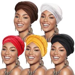 DRESHOW 5 Stück Afrikanischer Damen Turban Geflecht Kopfbedeckung Kopftücher Chemo Kappe Vorgebunden Beanie Mütze Kopfwickel Schlafmütze von DRESHOW