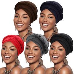 DRESHOW 5 Stück Afrikanischer Damen Turban Geflecht Kopfbedeckung Kopftücher Chemo Kappe Vorgebunden Beanie Mütze Kopfwickel Schlafmütze von DRESHOW