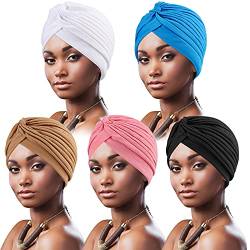 DRESHOW 5 Stücke Afrikanischen Turban für Damen Soft Vorgebunden Knot Mode Plissee Turban Hut Mütze Kopfwickel Schlafmütze von DRESHOW