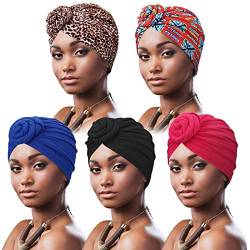 DRESHOW 5 Stücke Afrikanischen Turban für Damen Soft Vorgebunden Knot Mode Plissee Turban Hut Mütze Kopfwickel Schlafmütze von DRESHOW