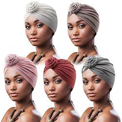 DRESHOW 5 Stücke Afrikanischen Turban für Damen Soft Vorgebunden Knot Mode Plissee Turban Hut Mütze Kopfwickel Schlafmütze von DRESHOW