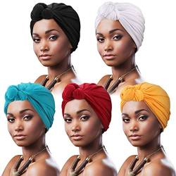 DRESHOW 5 Stücke Afrikanischen Turban für Damen Soft Vorgebunden Knot Mode Plissee Turban Hut Mütze Kopfwickel Schlafmütze von DRESHOW