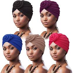 DRESHOW 5 Stücke Afrikanischen Turban für Damen Soft Vorgebunden Knot Mode Plissee Turban Hut Mütze Kopfwickel Schlafmütze von DRESHOW
