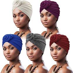 DRESHOW 5 Stücke Afrikanischen Turban für Damen Soft Vorgebunden Knot Mode Plissee Turban Hut Mütze Kopfwickel Schlafmütze von DRESHOW