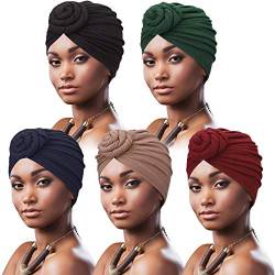 DRESHOW 5 Stücke Afrikanischen Turban für Damen Soft Vorgebunden Knot Mode Plissee Turban Hut Mütze Kopfwickel Schlafmütze von DRESHOW