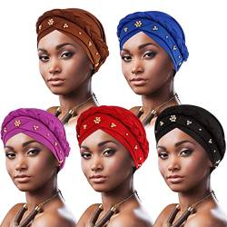 DRESHOW 5 Stücke Afrikanischer Damen Turban Geflecht Kopfbedeckung Kopftücher Chemo Kappe Vorgebunden Beanie Mütze Kopfwickel Schlafmütze von DRESHOW
