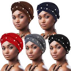 DRESHOW 5 Stücke Afrikanischer Damen Turban Geflecht Kopfbedeckung Kopftücher Chemo Kappe Vorgebunden Beanie Mütze Kopfwickel Schlafmütze von DRESHOW
