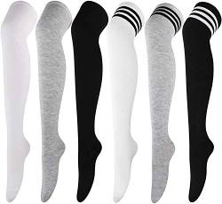 DRESHOW 6 Paar Damen und Mädchen Kniestrümpfe Overknee Lange Strümpfe Streifen Oberschenkel Hohe Socken Sport Socken Leggings Strümpfe von DRESHOW