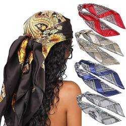 DRESHOW 90x90cm Große Quadratische Schals für Damen 4 Stück Seide Kopftuch Bandanas Haartuch Halstuch Haarschmuck von DRESHOW