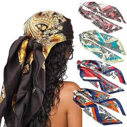 DRESHOW 90x90cm Große Quadratische Schals für Damen 4 Stück Seide Kopftuch Bandanas Haartuch Halstuch Haarschmuck von DRESHOW