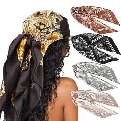 DRESHOW 90x90cm Große Quadratische Schals für Damen 4 Stück Seide Kopftuch Bandanas Haartuch Halstuch Haarschmuck von DRESHOW