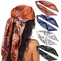 DRESHOW 90x90cm Große Quadratische Schals für Damen 4 Stück Seide Kopftuch Bandanas Haartuch Halstuch Haarschmuck von DRESHOW