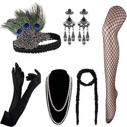 DRESHOW Damen 1920er Accessoires Set Flapper Kostüm Gatsby Feder Lange Halskette Handschuhe Stirnband Funkelnde Ohrringe von DRESHOW