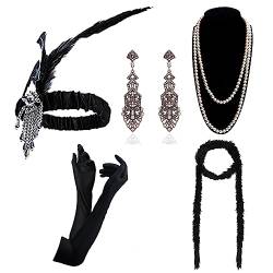 DRESHOW Damen 1920er Accessoires Set Flapper Kostüm Gatsby Feder Lange Halskette Handschuhe Stirnband Funkelnde Ohrringe von DRESHOW